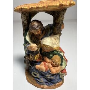 Figurines Nativity in Shed Hand Painted Ceramic Blue Green White Rose 5"x2"